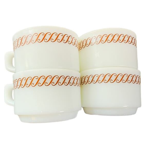 Pyrex Regency Brown Scroll Milk Glass Stackable Diner Coffee Cups Set of 4 - Picture 8 of 9